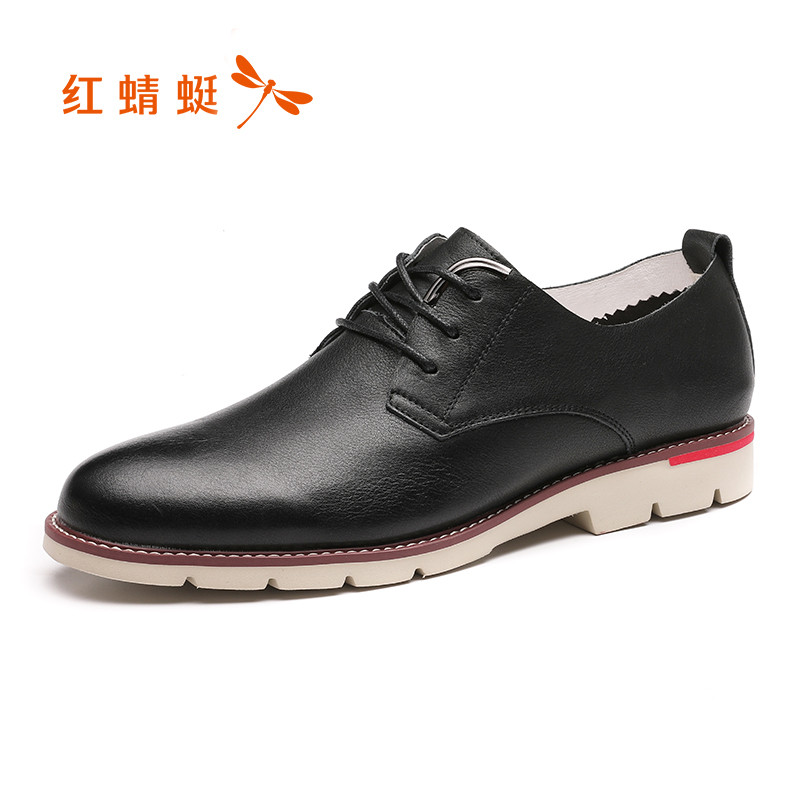红蜻蜓男鞋2019春季新款真皮英伦商务休闲皮鞋韩版圆头系带单鞋潮鞋 黑色 42码