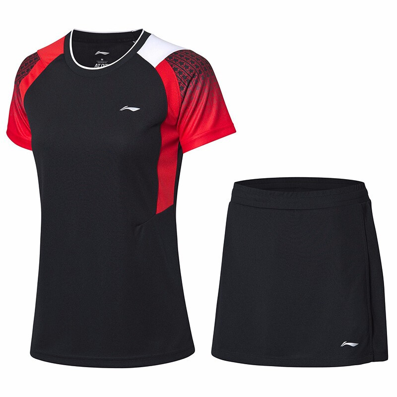 李宁（LI-NING）羽毛球服男女款聚酯纤维圆领短袖T恤短裤套装 AATP018 XL AATP018-2女款黑色