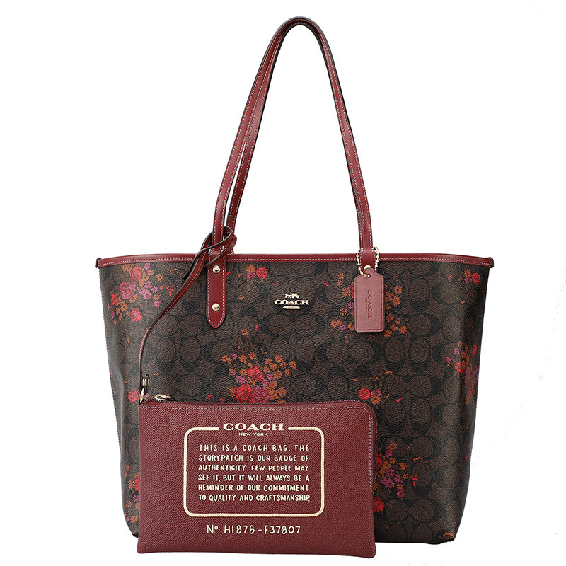 COACH 蔻驰 托特包双面 女包 女士 PVC手提单肩双面托特包奢侈品 深咖印花