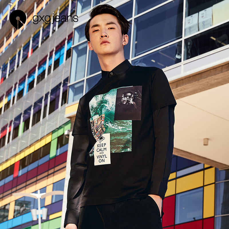 gxgjeans男装夏季创意印花青年修身短袖圆领T恤_1 185/XXL 黑色