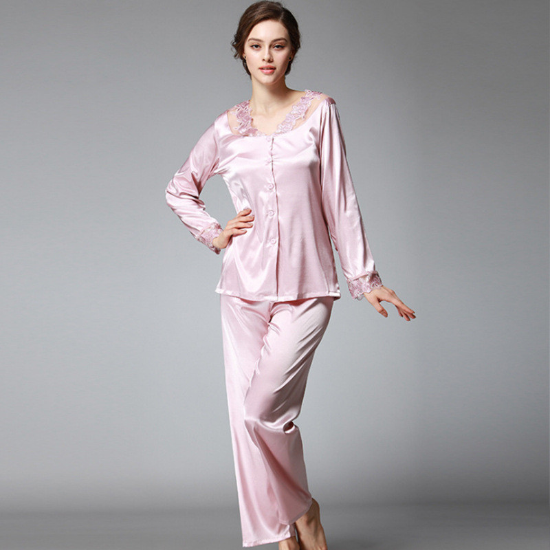 耀婷仿真丝睡衣女士春秋季九分袖休闲家居服蕾丝花边睡衣套装 M 藕荷