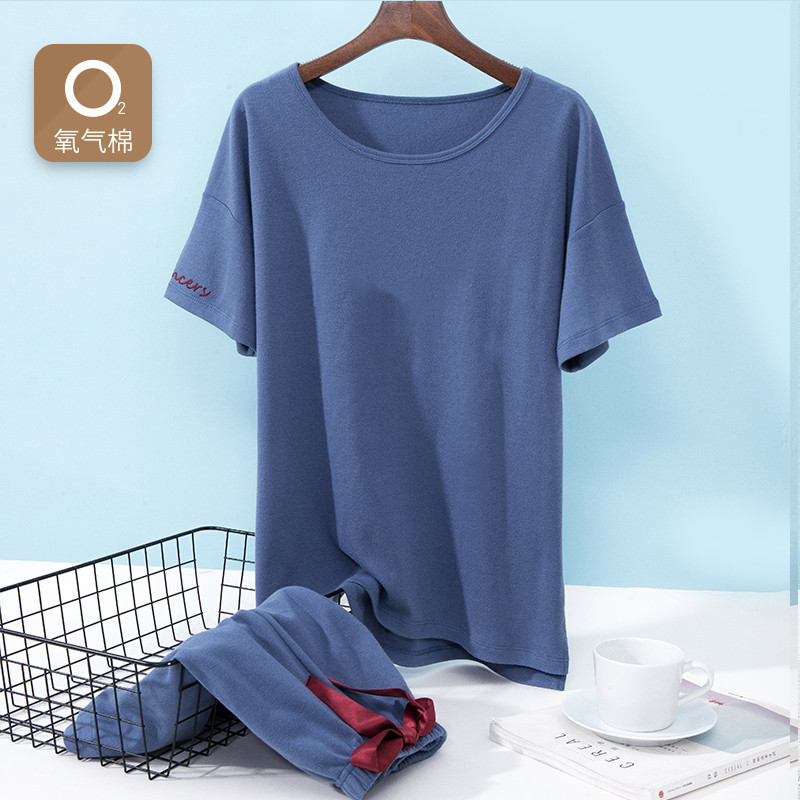 顶瓜瓜顶呱呱纯棉氧气棉家居服套装纯色休闲舒适套装夏天顶瓜瓜 160 蓝色