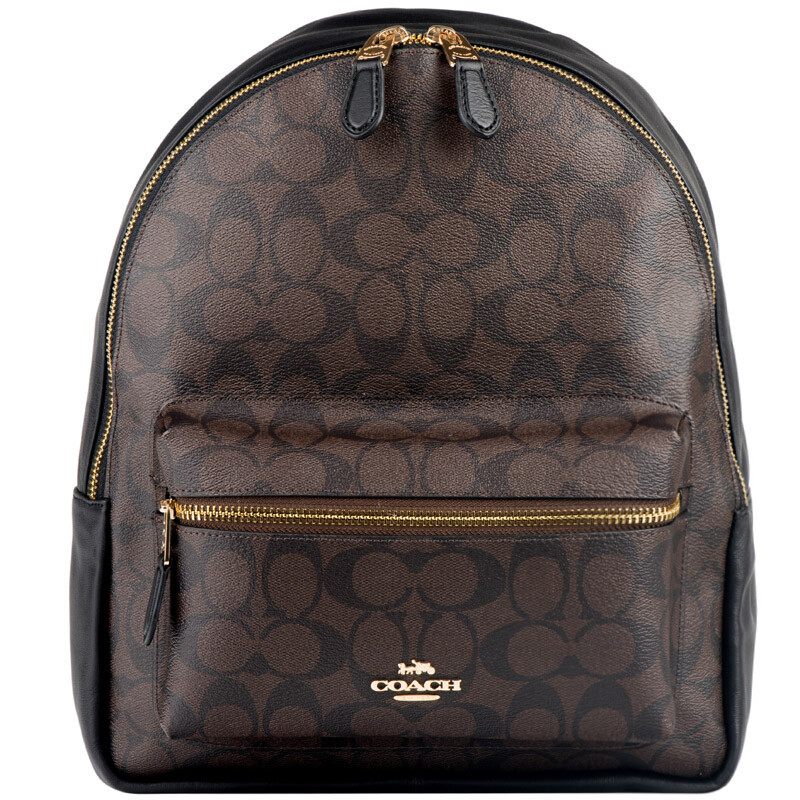 COACH 蔻驰 双肩包 欧美时尚拉链经典C logo双肩背包 深咖色