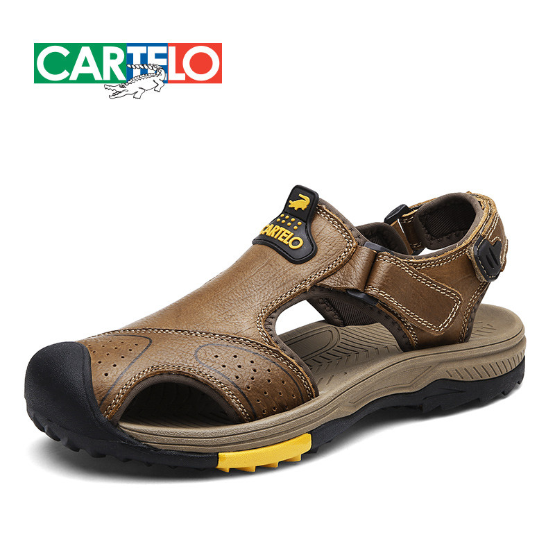 卡帝乐鳄鱼（CARTELO)男鞋 罗马男士包头凉鞋 男透气头层牛皮时尚百搭户外沙滩鞋 卡其色 38码
