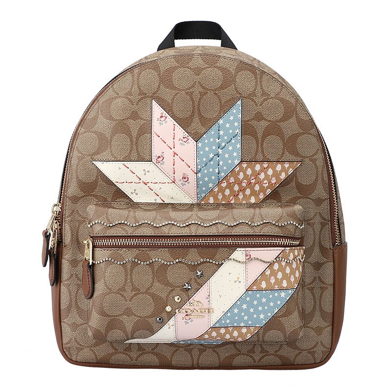 COACH 蔻驰 双肩包 欧美时尚拉链经典C logo双肩背包 卡其色