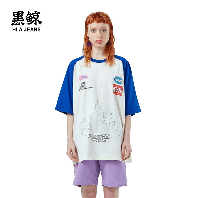 黑鲸HLAJEANS撞色拼接中袖T恤女2019夏季插肩袖短t女海澜潮牌_1 165/88B 漂白镶拼QE