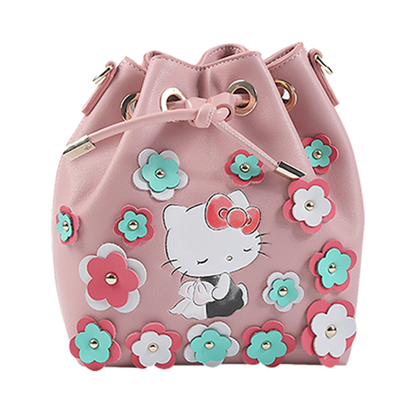 HELLO KITTY 凯蒂猫 花朵皮贴抽绳链条斜挎包 粉色 粉色