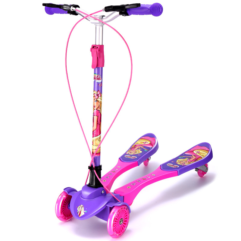 芭比(Barbie)儿童滑板车 一键折叠双手刹三挡可调节四轮全闪滑板蛙式滑滑车 粉紫色 女童版