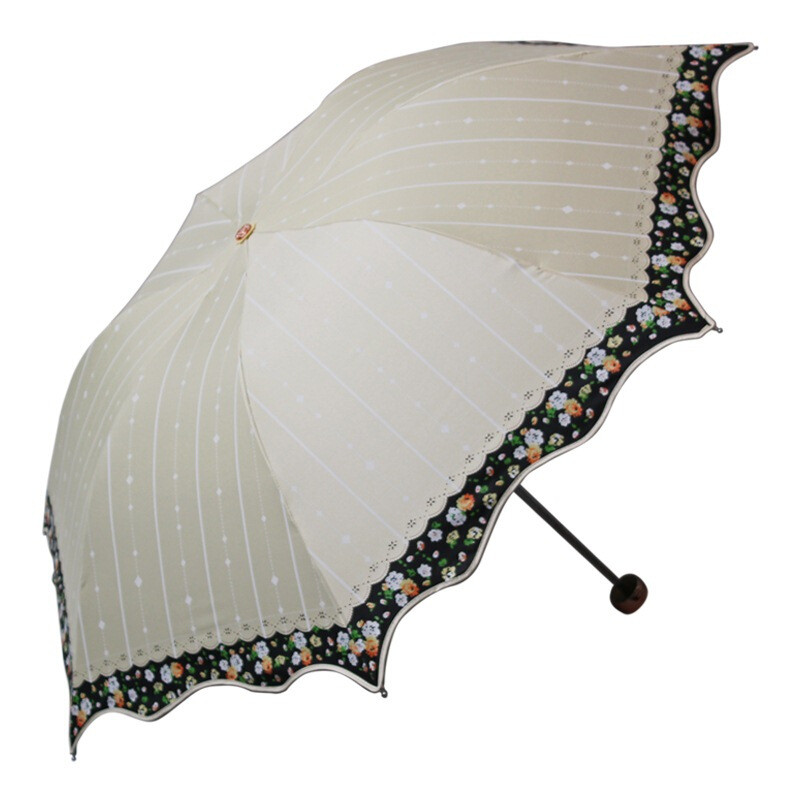 天堂伞三折防紫外线遮阳伞太阳伞晴雨伞晴雨两用 梨云黑胶_米黄