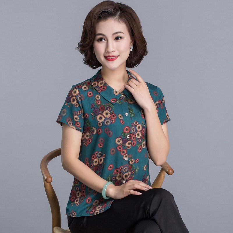 恒源祥妈妈装夏装T恤2019新款上衣复古印花短袖中老年衬衫母亲节 2XL 1877绿色2