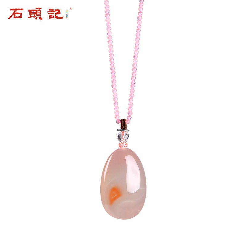 石头记灵雨串珠项链女天然玛瑙玉髓京白玉吊坠长款毛衣链百搭_4 A款粉晶项链+南红吊坠118101002