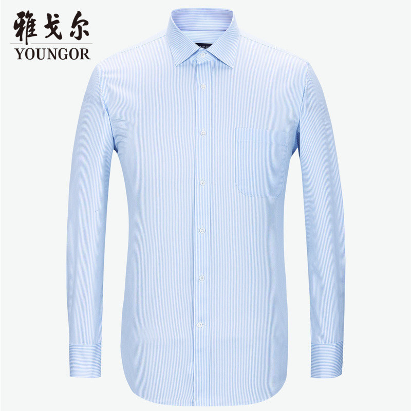 Youngor/雅戈尔男士秋季商务正装白底蓝条纯棉面料长袖衬衫262IBA 43 白底蓝条