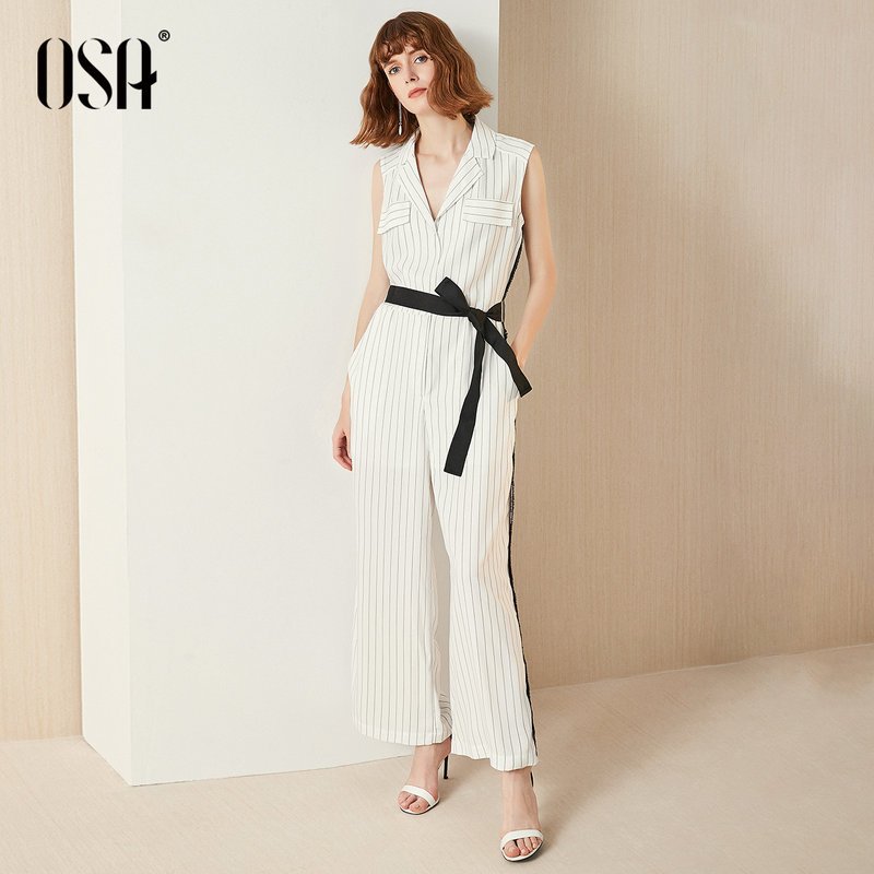 OSA欧莎2019新款夏时尚连体阔腿裤套装女白色九分裤薄款宽松显瘦 L 白底黑条色