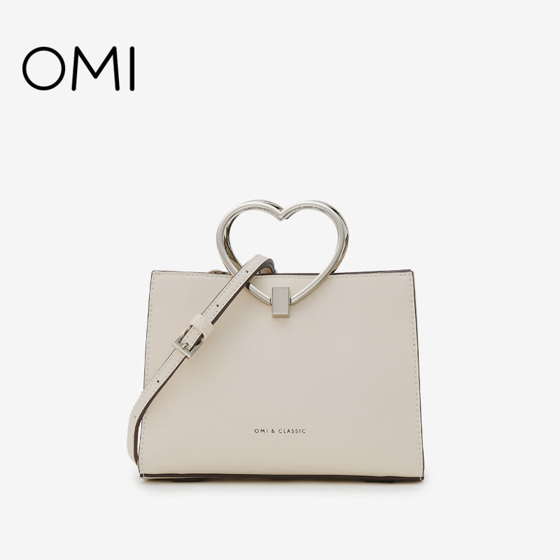 欧米OMI包包女2019新款时尚简约单肩斜挎包韩版百搭金属环手提包 米色