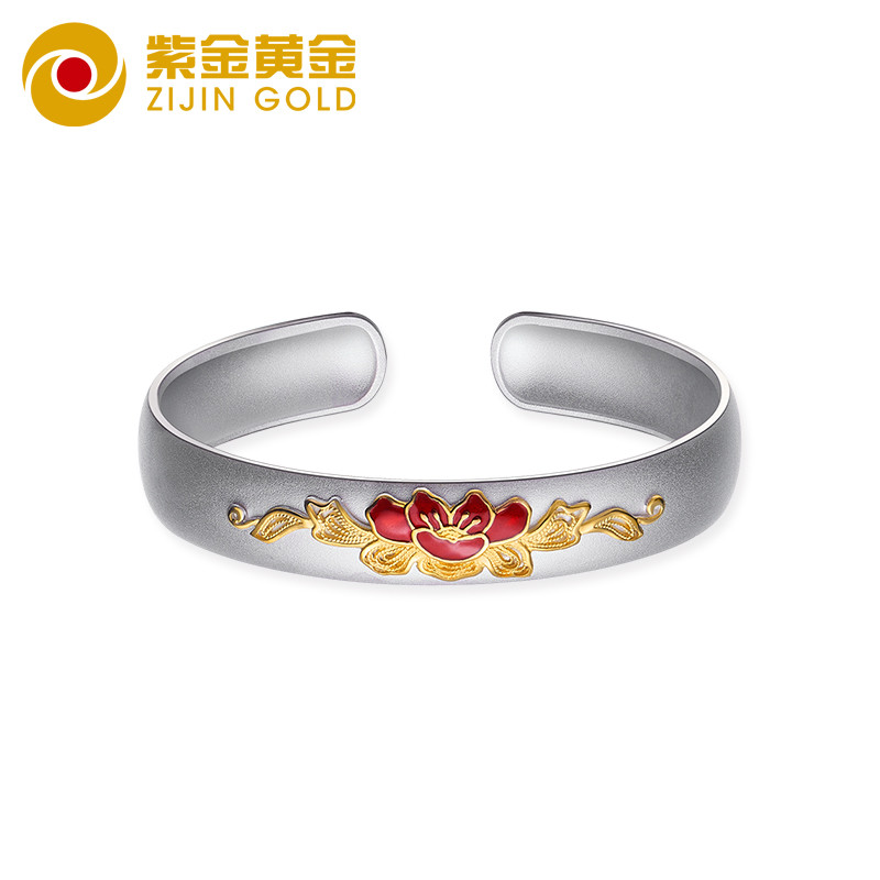 紫金黄金(ZiJin)纯银手镯女款时尚开口999足银磨砂珐琅浮雕手环