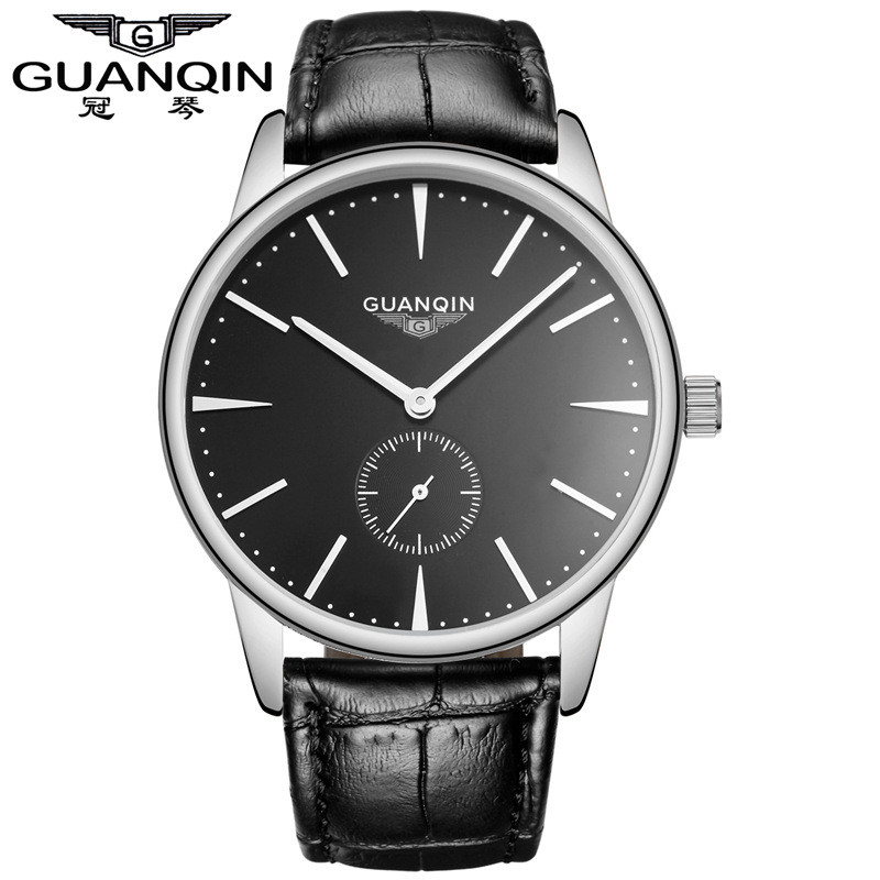 冠琴(GUANQIN)男表时尚大表盘石英表防水手表男表商务腕表 精钢黑面黑皮