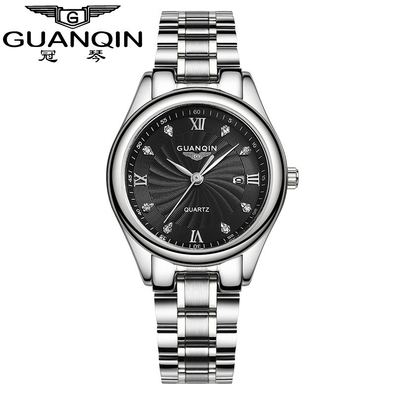 冠琴(GUANQIN)正品钢带女表镶钻防水高档石英表商务新款女款精钢腕表 精钢黑面