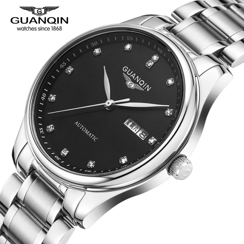 冠琴(GUANQIN)防水石英表潮流钢带双日历高品质男士手表正品商务腕表 精钢黑面