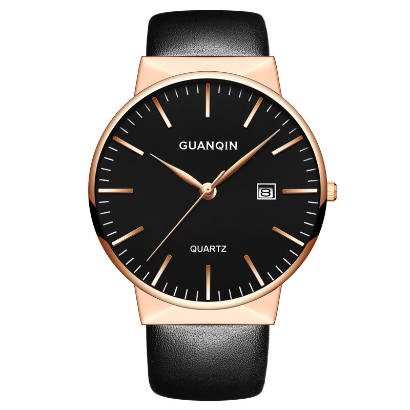 冠琴(GUANQIN)正品防水石英表时尚英表潮流定制学生高档腕表 玫瑰金黑面皮带