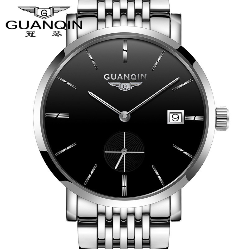 冠琴(GUANQIN)手表男士超薄真皮带全自动机械表防水商务男表时尚潮流腕表 钢带条钉精钢黑面