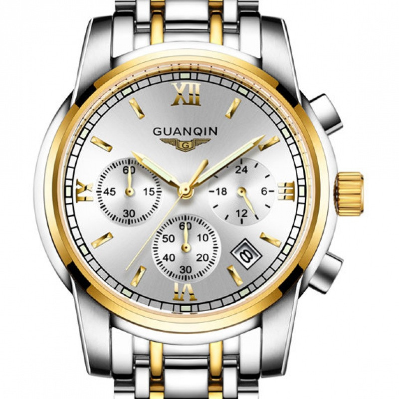 冠琴(GUANQIN)手防水夜光多功能石英表钢带男表时尚潮流腕表 间金白面