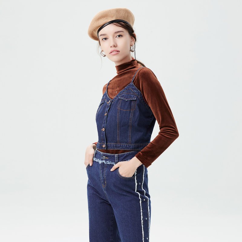 2019爱居兔秋季女装 外件吊带设计长袖梭织上衣 牛仔蓝05 170/92A/XL