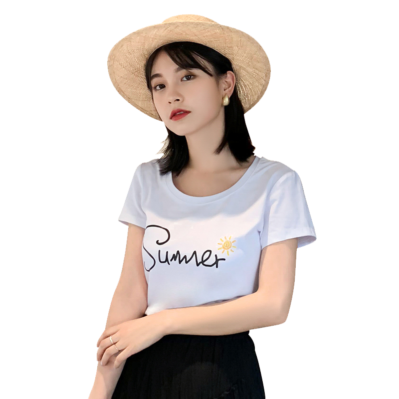 印花短袖T恤女2019新款韩版ins修身衣服半袖上衣夏季 M 白色