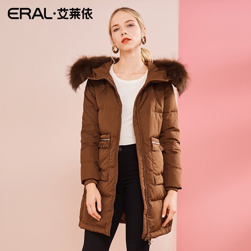 ERAL/艾莱依羽绒服女中长款2018冬装新款连帽大毛领羽绒大衣_2 深卡其 155/80A/S