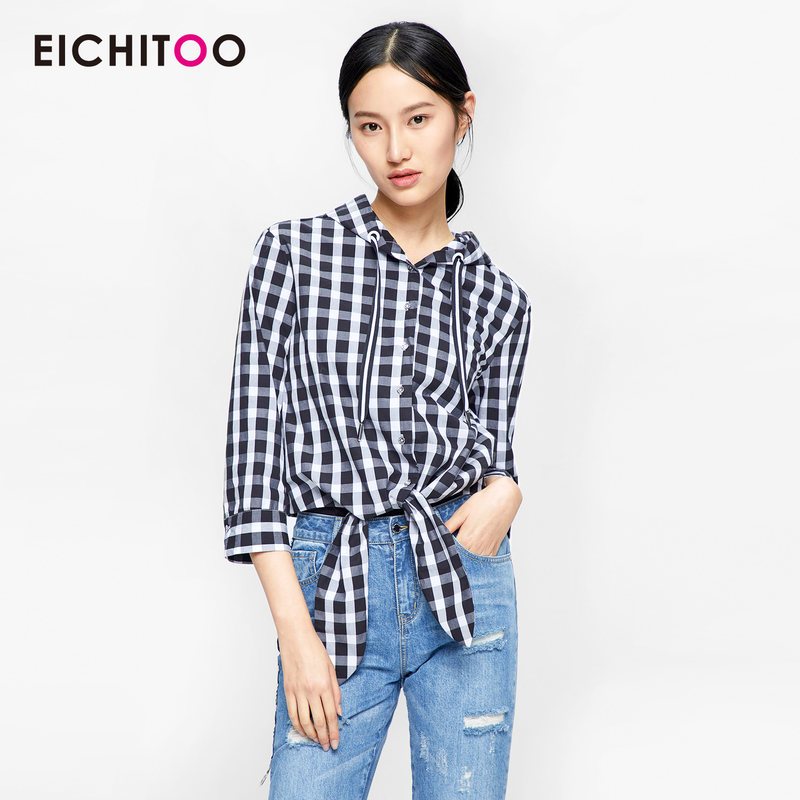 爱居兔春装2019女装 时尚短款维西格连帽衬衫 黑色格纹(25) 155/80A/S