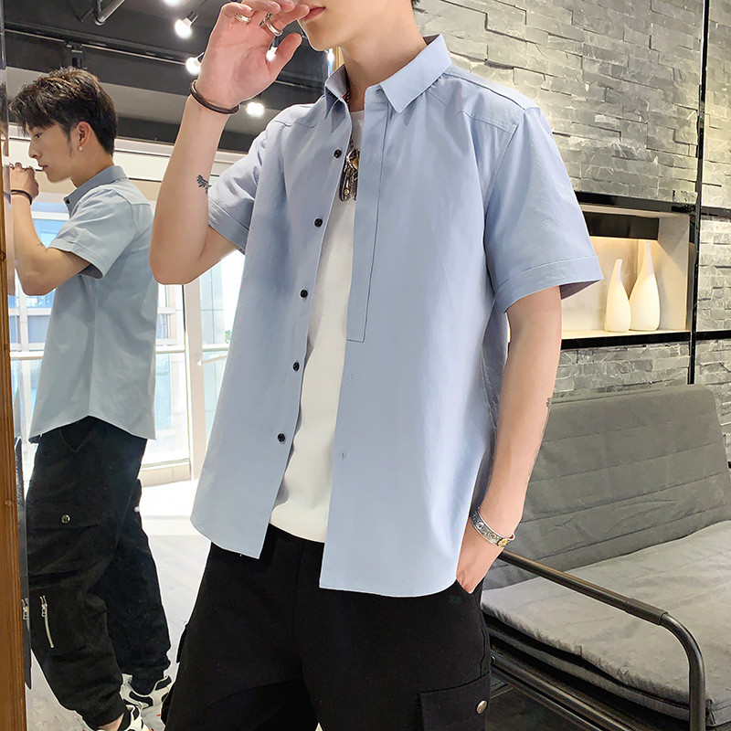 蓝旗/BLUEG2019新款夏季短袖衬衫男士五分袖韩版帅气潮纯色修身大码百搭衬衣 3XL 卡其色