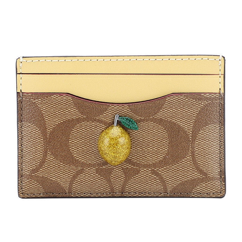 COACH 蔻驰 奢侈品 欧美时尚女士钱包休闲印花人造革卡包卡夹 深卡其色柠檬款