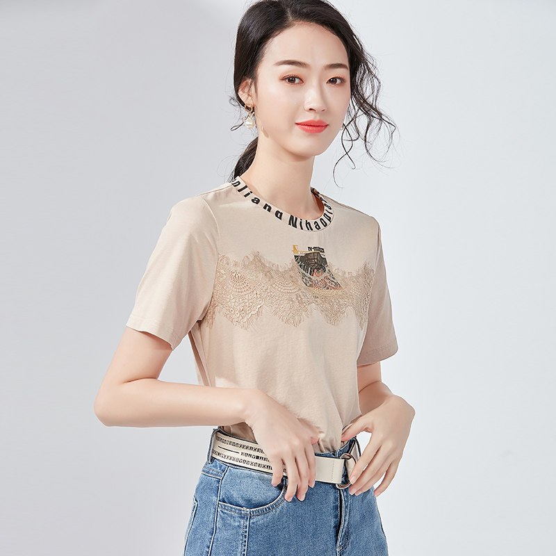 欧昵雪夏季字母印花圆领美女头像纯棉T恤女短袖蕾丝装饰上衣 S 深杏色