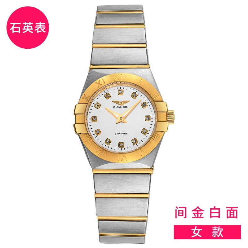 冠琴(GUANQIN)手表男防水夜光男机械表女石英表休闲时尚水钻19K金情侣腕表 石英表-女款间金白面