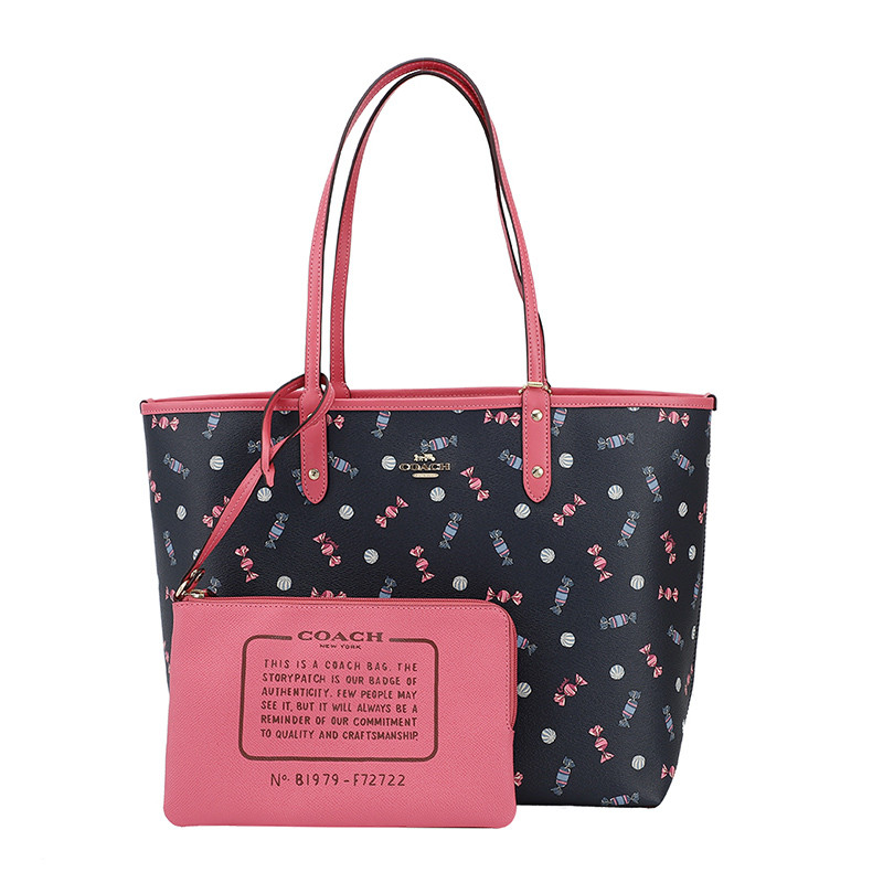 COACH 蔻驰 奢侈品 欧美时尚 女士手提包藏青色糖果款皮革手提单肩双面托特包 藏青色糖果款