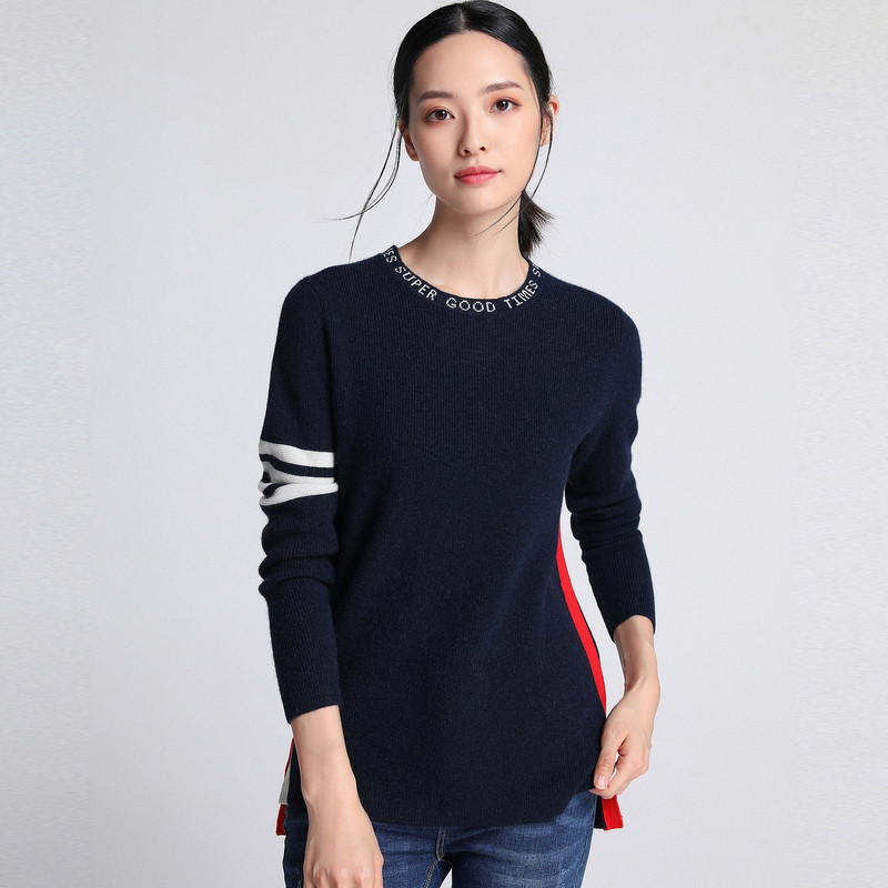 恒源祥纯羊绒衫女休闲2019秋冬装字母图案毛衣侧条纹拼色衫针织衫 170/92A 深湖蓝