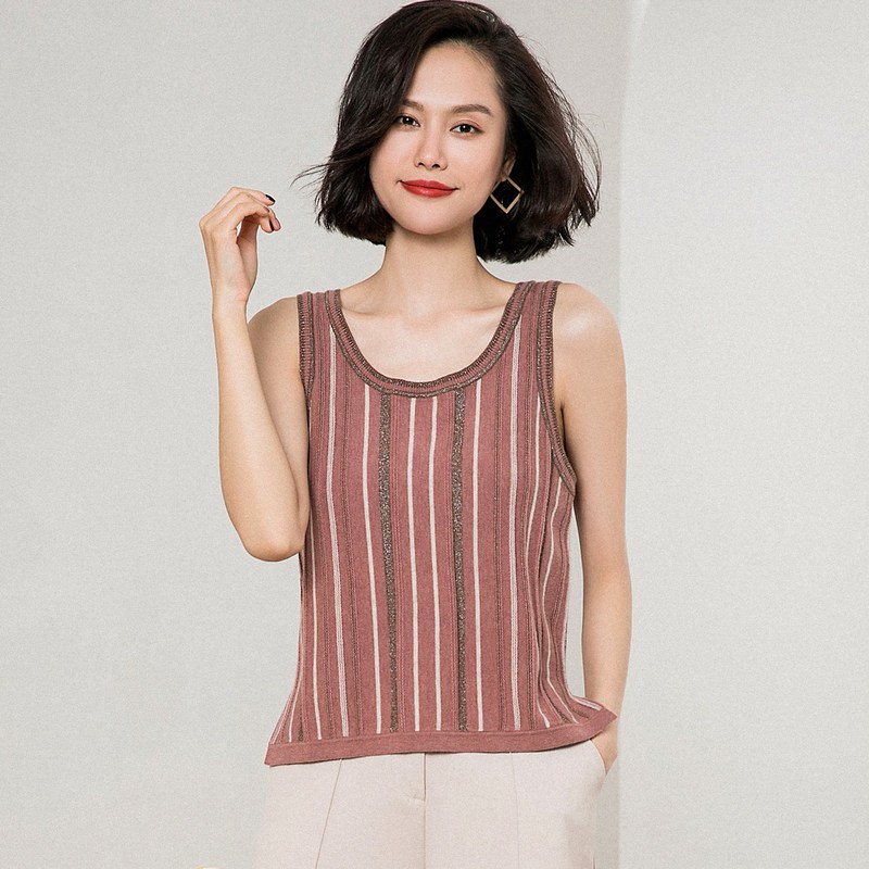 恒源祥纯羊毛针织衫女19春秋新款竖条纹毛衣马甲套头亮丝无袖背心 160/84A 杂红