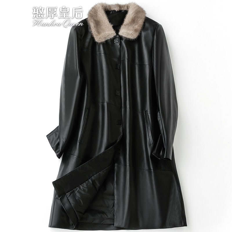 憨厚皇后2019春季新款海宁真皮皮衣时尚长款绵羊皮羽绒服外套女T 2XL 黑色
