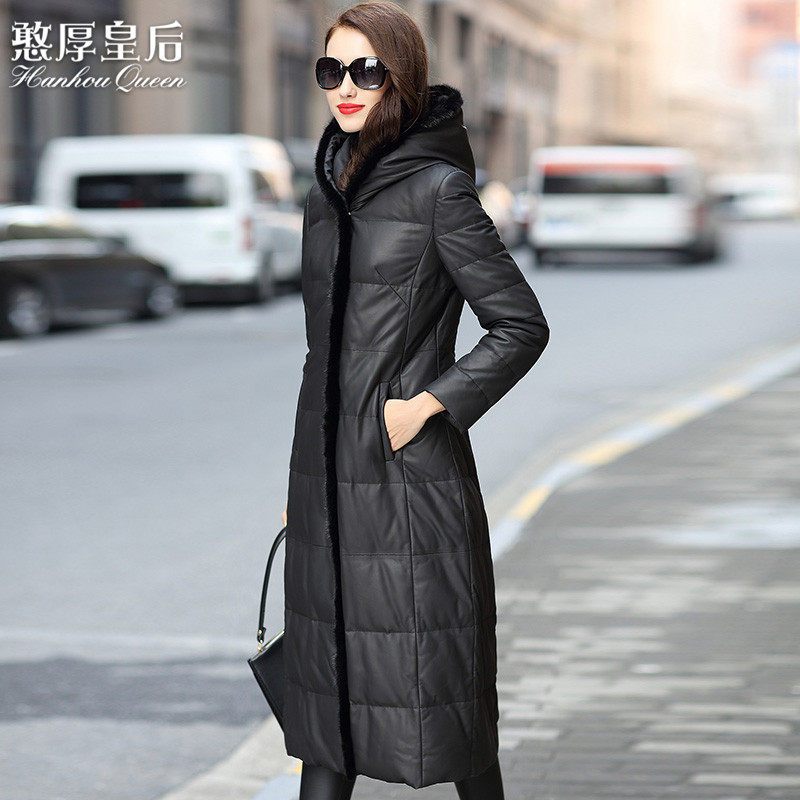 憨厚皇后秋冬季新款2018真皮皮衣女绵羊皮长款连帽羽绒服外套W 2XL 黑色