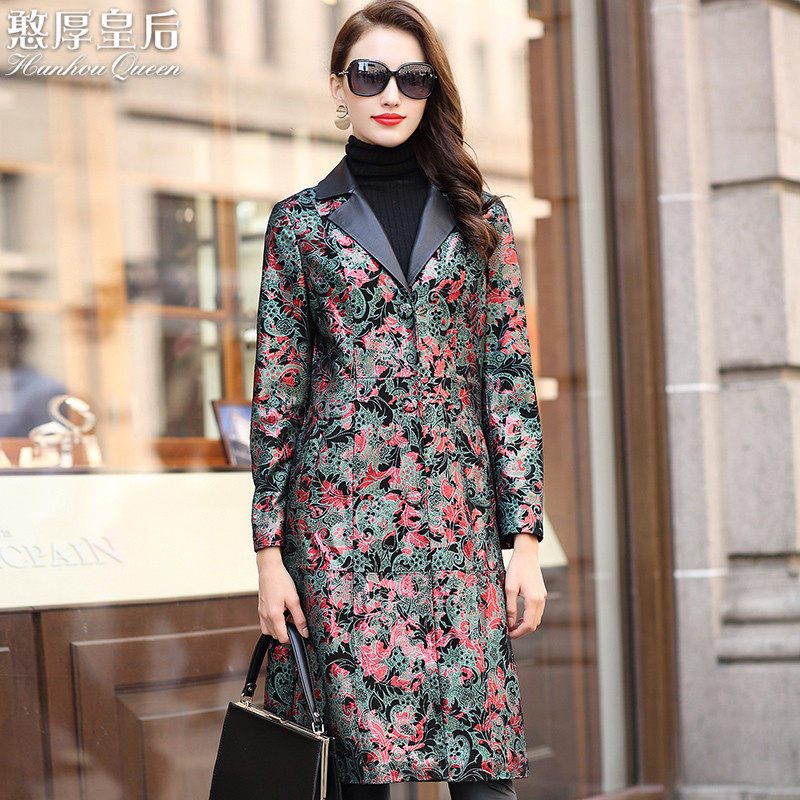 憨厚皇后秋冬海宁真皮皮衣女士印花长款绵羊皮淑女修身韩版外套W L 花色