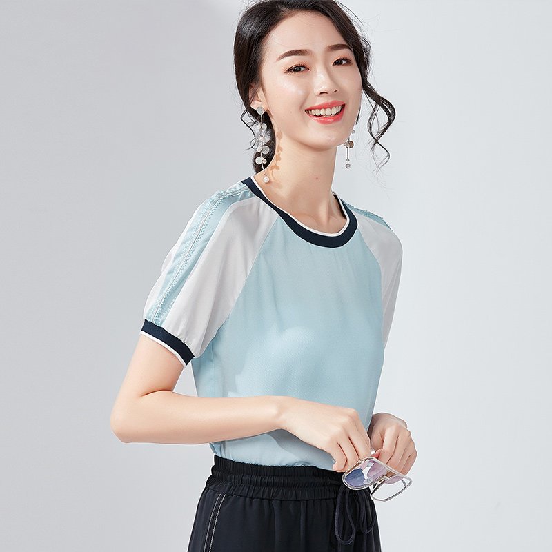 欧昵雪夏季韩版拼接撞色插肩袖圆领宽松T恤女短袖上衣 L 天蓝色