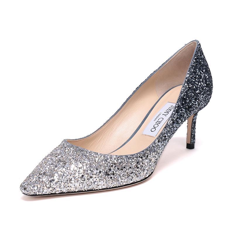 Jimmy Choo 周仰杰 女款闪光面料高跟鞋 ROMY 60 BRE 173 SILVER-DUSK-BLUE-银蓝色渐变 36.5