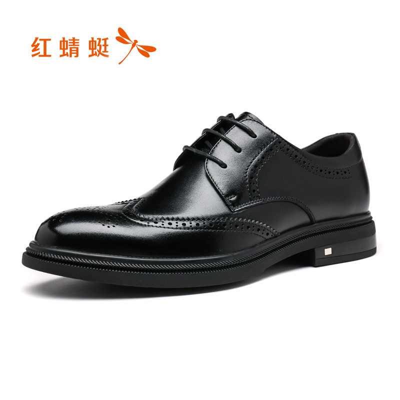 红蜻蜓男鞋2019秋季真皮英伦雕花布洛克皮鞋尖头系带商务正装婚鞋 黑色 42码