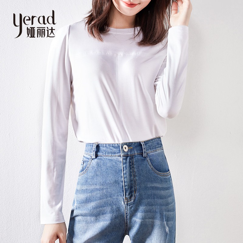 娅丽达秋装2019新款黑色打底衫女长袖T恤内搭修身显瘦纯色秋衣 S 白色K0