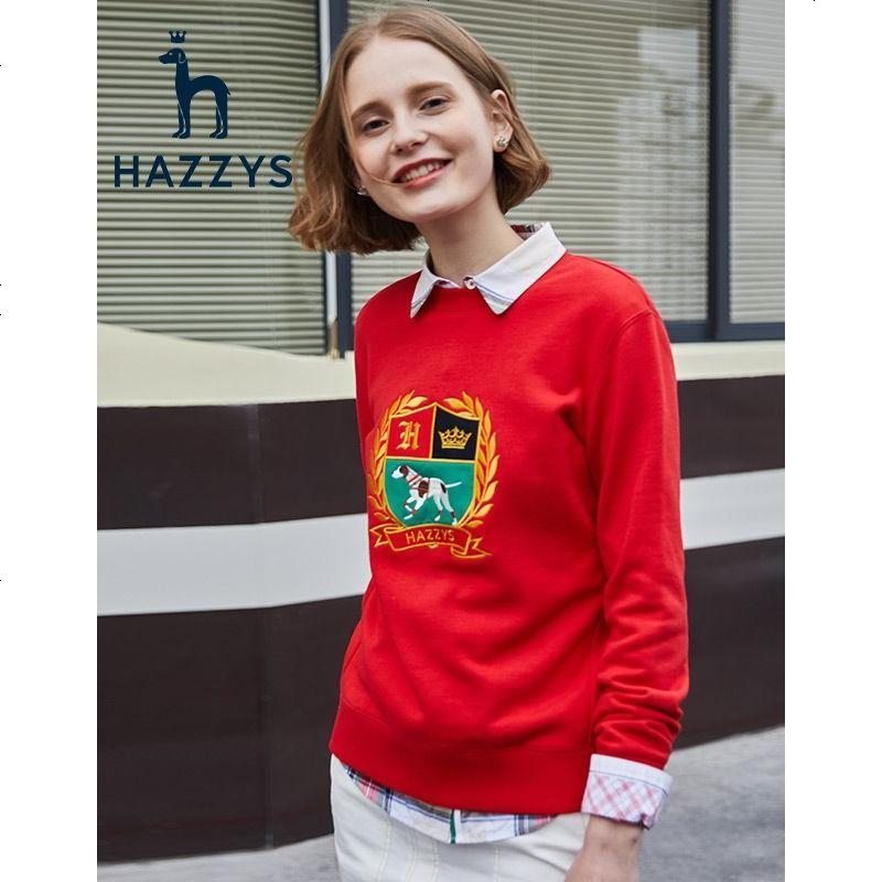 哈吉斯HAZZYS2019年春夏新款T恤女情侣款都市休闲时尚针织休闲服 165/88A_40 红色RD