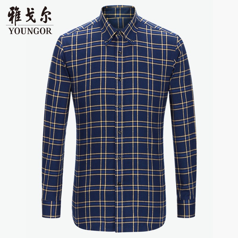 雅戈尔outlets男士长袖衬衫_1 40 藏青底黄格