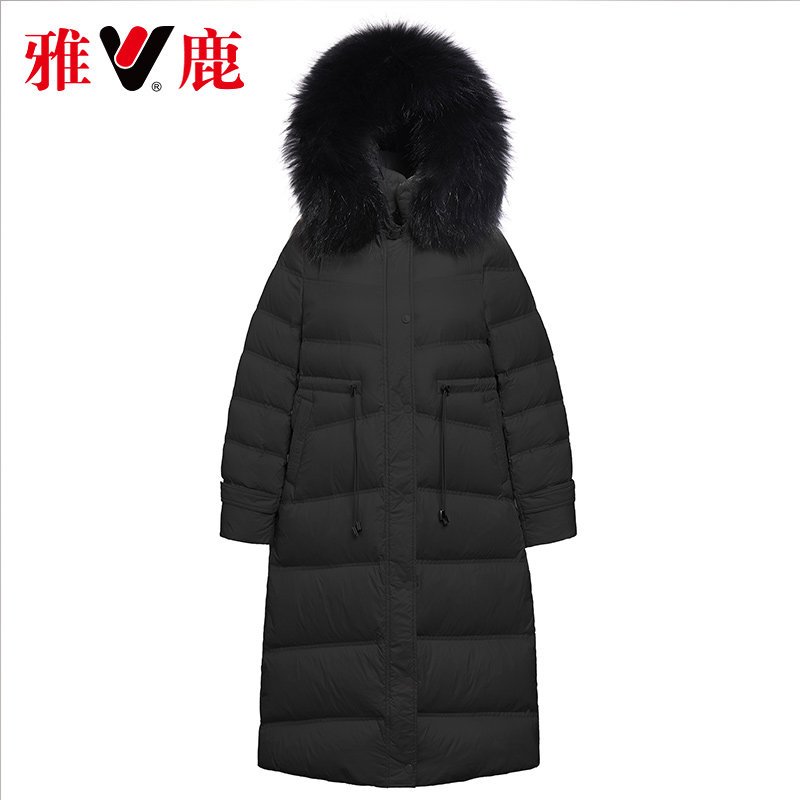 yaloo/雅鹿羽绒服女中长款连帽大毛领收腰2019冬新款韩版宽松反季_1 160/M 黑色+黑色弧形真毛领