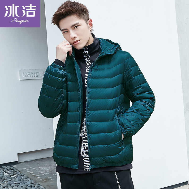 冰洁2019秋季新品羽绒服男短款连帽羽绒外套灰鸭绒J90131007 160/80A 墨水蓝5231