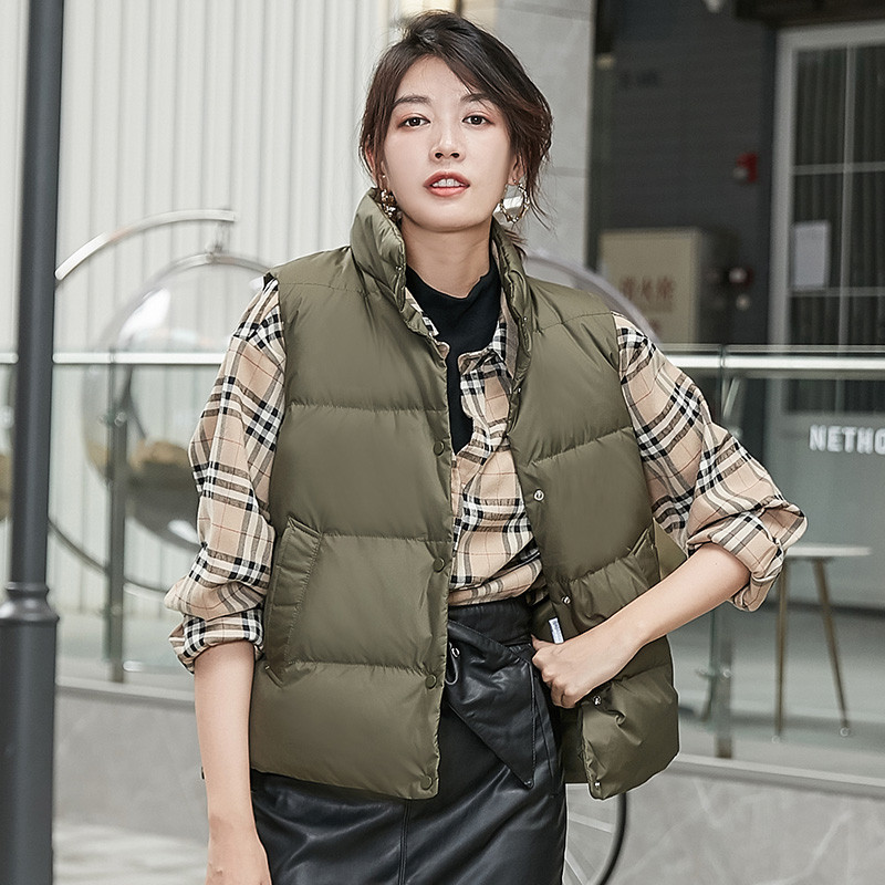 冰洁2019新款羽绒马甲女时尚短款鸭绒宽松休闲羽绒服背心马甲韩版J90131104 165/88A 桑叶绿4105