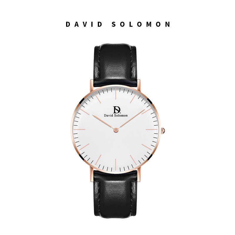 David Solomon手表休闲时尚简约女式手表 黑色皮质白面 红色