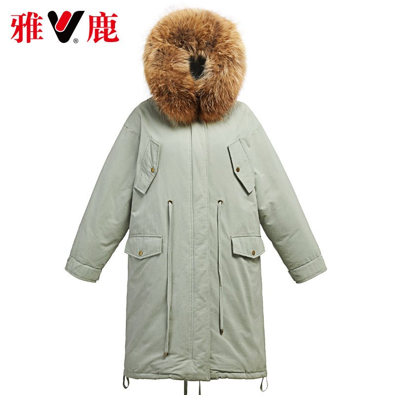 yaloo/雅鹿羽绒服女2019新款宽松收腰中长款大毛领加厚派克服_1 L 豆沙绿